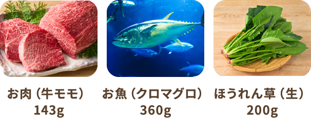 お肉（牛モモ）143g　お魚（クロマグロ）360g　ほうれん草（生）200g